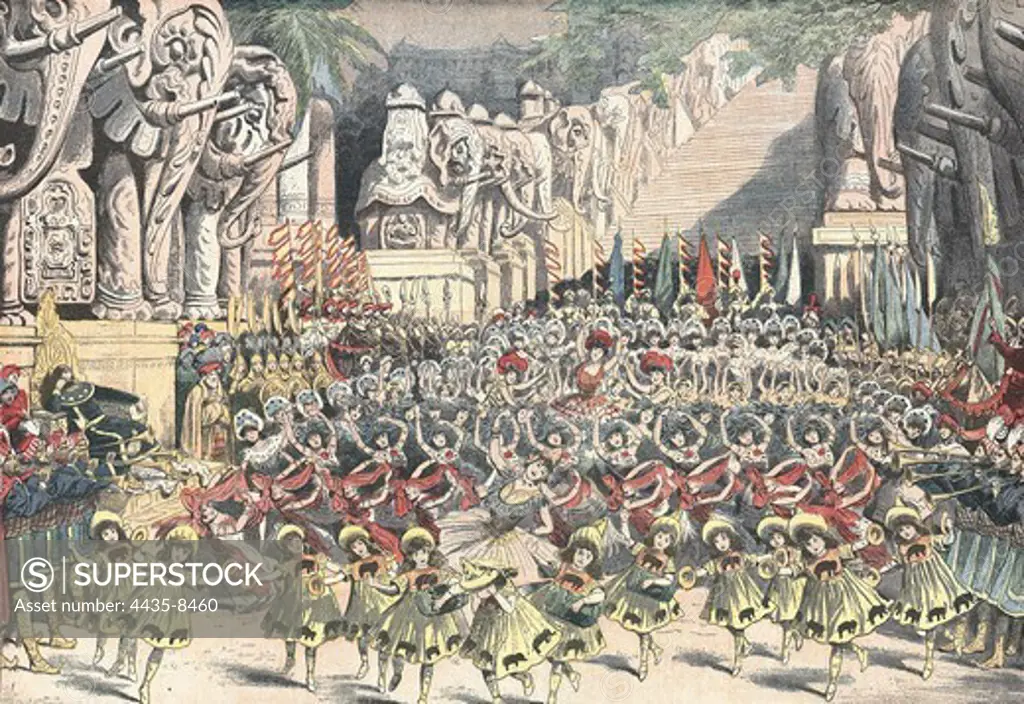 Performance of ballet 'Monsieur Polichinelle' in Th_ätre du Chatelet in Paris. The first dancer was Lucie Marie. Illustration from 'Le Petit Journal', November 27th 1904. Engraving.