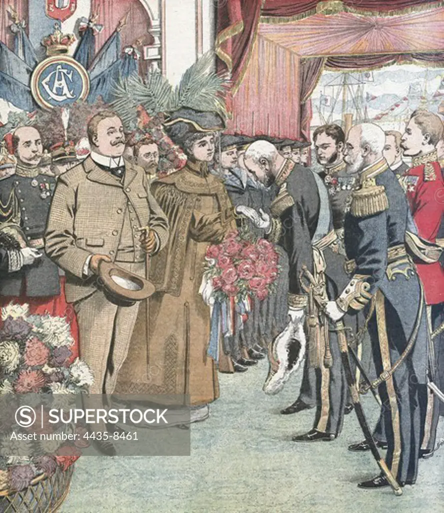 Charles I and Maria Amelia of Orleans, Kings of Portugal, visit Cherburg and are welcomed by Admiral Charles Touchard. Illustration from 'Le Petit Journal', November 27th, 1904. Engraving.