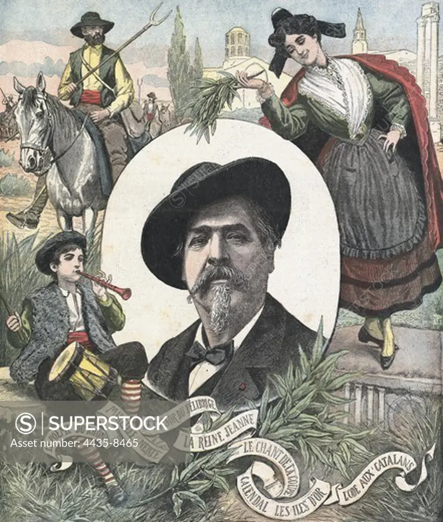 Portrait of French writer Fr_d_ric Mistral surrounding by popular characters from Provence. Homage to the writer when he was awarded the Nobel Prize in Literature in 1904. llustration from 'Le Petit Journal'. Engraving.