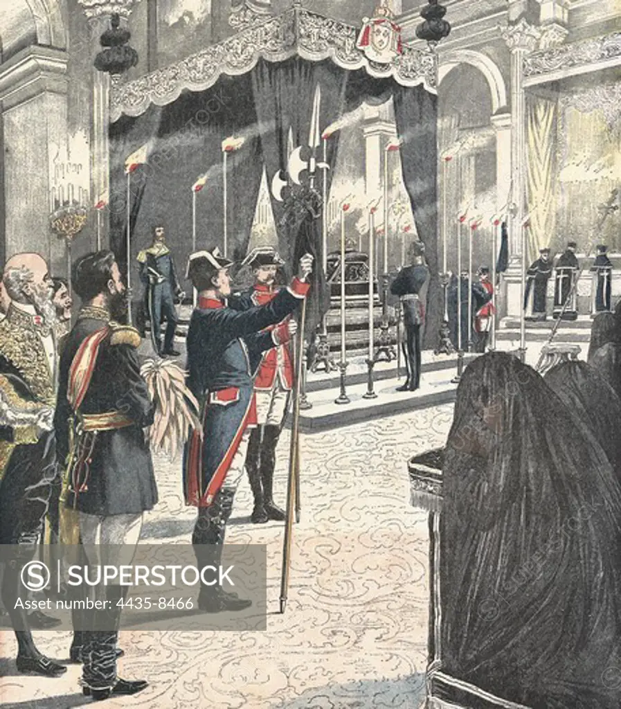 Alfonso XIII looks at this grandmother's coffin, Isabel II,  in the monastery of San Lorenzo del Escorial. Illustration from 'Le Petit Journal', April 24th, 1904.