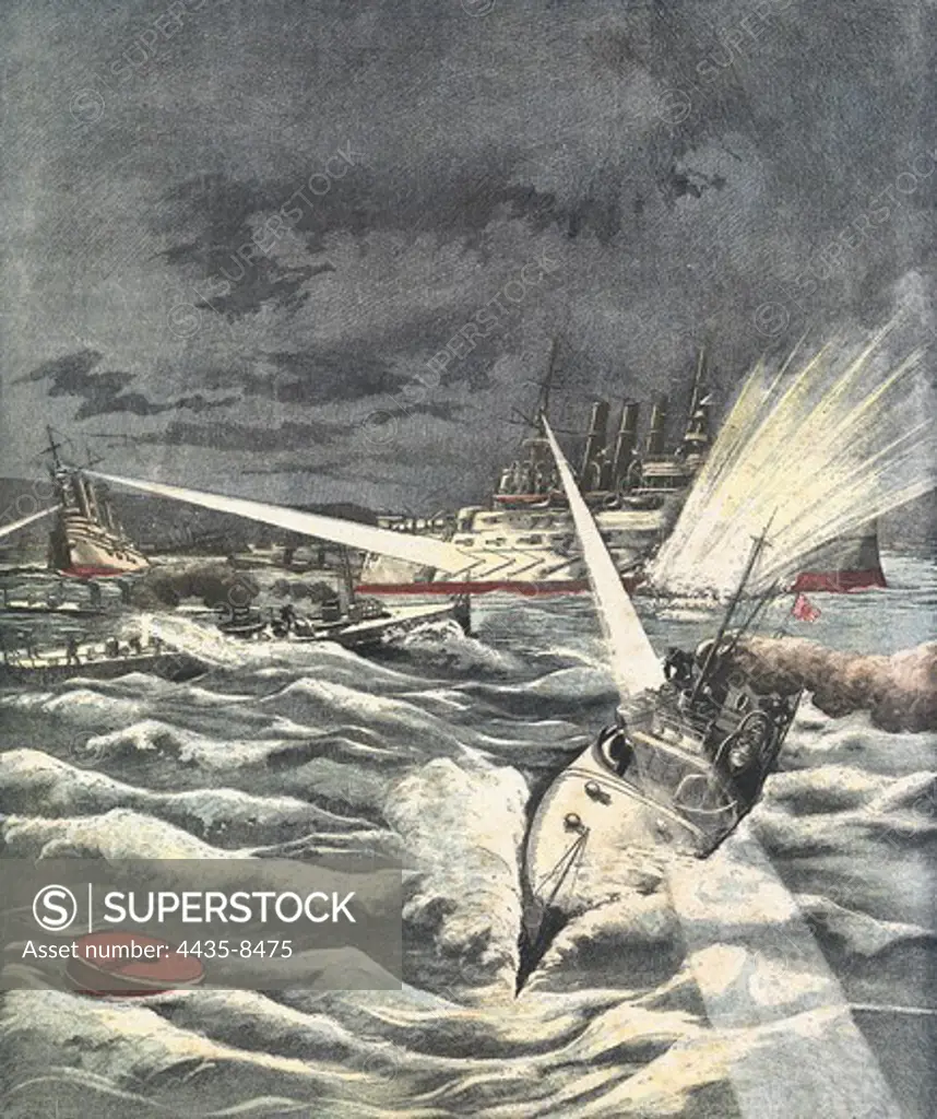 Russo-Japanese War. Beginning of the war. The Japanese fleet attacks Port Arthur on 8th February 1904. Illustration from 'Le Petit Journal', 21st of February, 1904. Engraving.