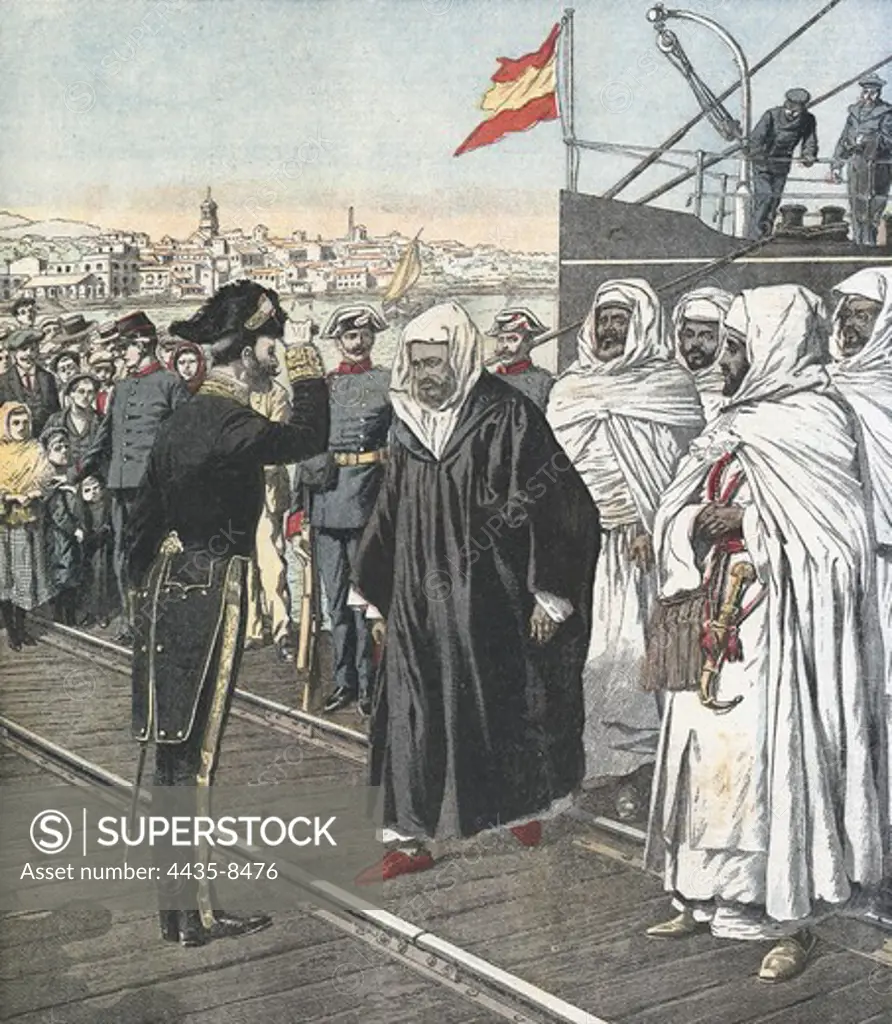 Algeciras Conference. Morocco ambassors arrive in Algeciras. Illustration from 'Le Petit Journal', January 21st 1906. Engraving.