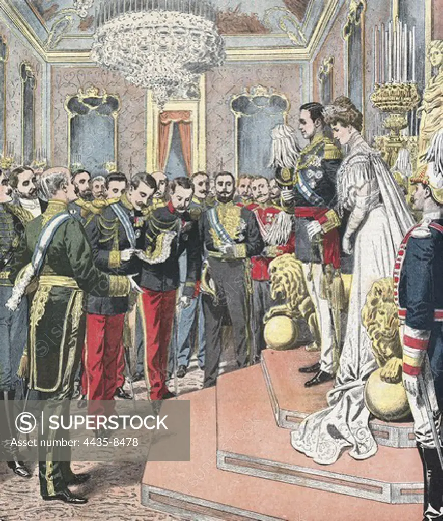 Members from the French mission say goodbye in Madrid to the just married Alfonso XIII and Victoria Eugenie of Battenberg, kings of Spain.  Illustration from 'Le Petit Journal', June 17th 1906. Engraving.
