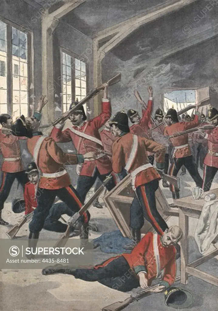 Battle between regiments of Durham and Worcester, after sent to South Africa,  in Aldershot training camp. Illustration from 'Le Petit Journal', November 3rd, 1901. Engraving.