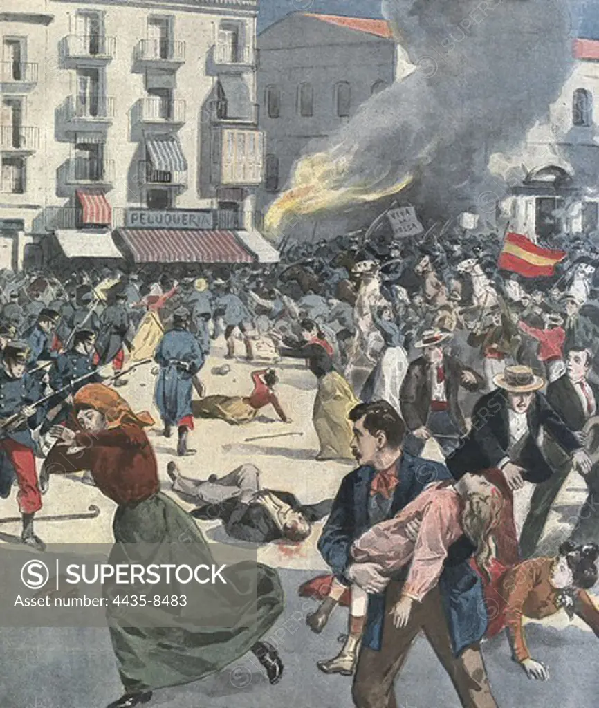 Army suffocating a popular demonstration in Barcelona. Illustration from 'Le Petit Journal', May 26th 1901. Engraving.