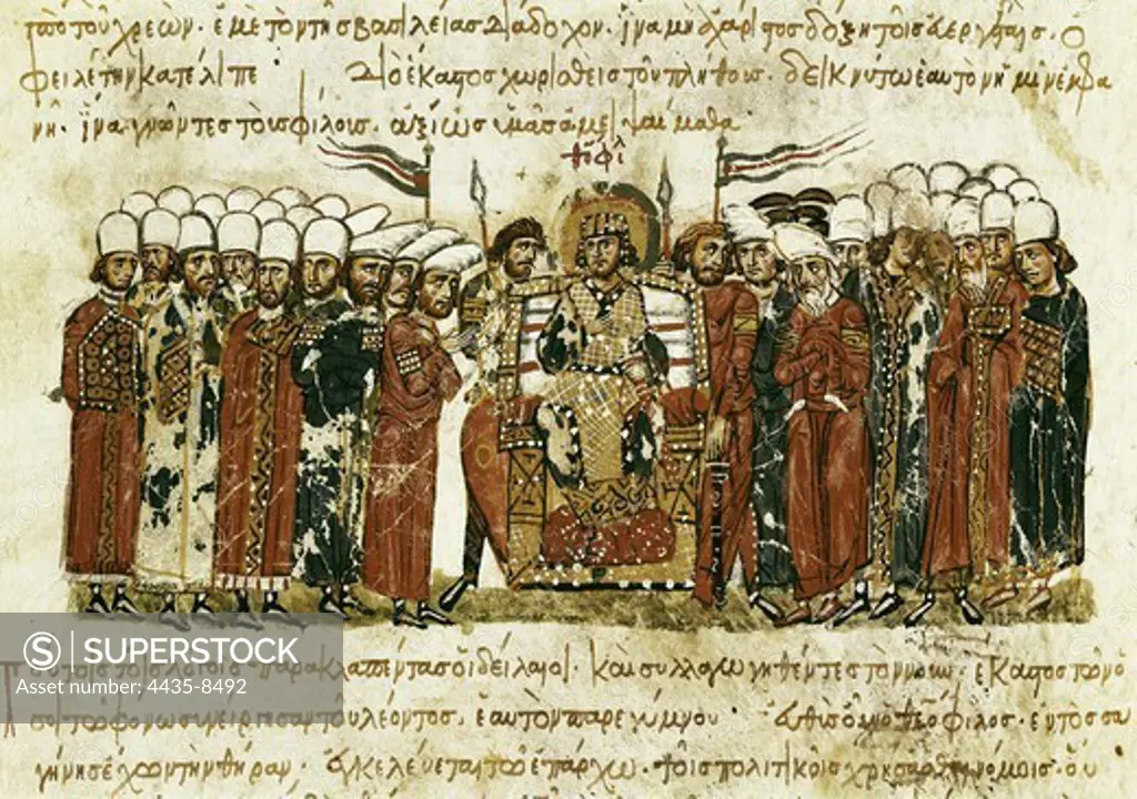 SKYLITZER, John (9th century). Madrid Skylitzes 'Synopsis historiarum'. Synopsis of Histories about the reigns of the Byzantine emperors. 12th c. Leo V the Armenian and his court. Manuscript produced in Sicily. Byzantine art. Miniature Painting. SPAIN. MADRID (AUTONOMOUS COMMUNITY). Madrid. National Library.