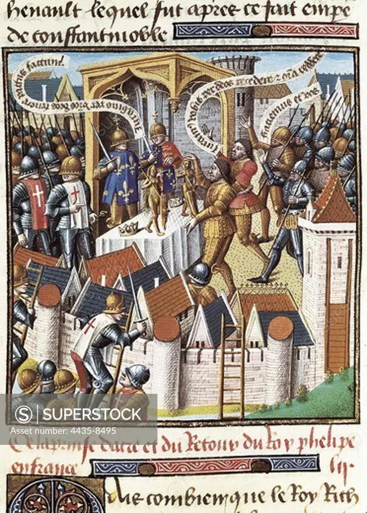 VINCENT of BEAUVAIS (1190-1264). Speculum historiale. ca. 1460. Third Crusade. Conquest of Saint John of Acre and King Philip Ausgustus' return to France (1191). Gothic art. Miniature Painting. FRANCE. PICARDY. OISE. Chantilly. Mus_e Cond_ (Cond_ Museum).