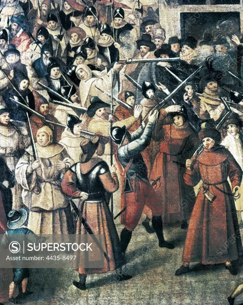 France. Wars of Religion. Procession of the Holy League in Paris (February 4, 1593), catholic militia created to fight Huguenots. Detail. Painting. FRANCE. LE-DE-FRANCE. YVELINES. Versailles. Palace of Versailles.