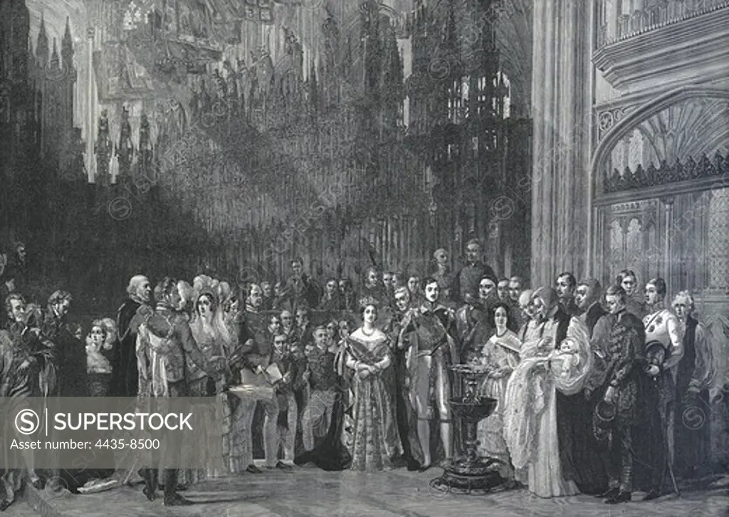 England. Baptism of the Prince of Wales in St. George's Chappel. Windsor Castle. On January 25th, 1842. Engraving.