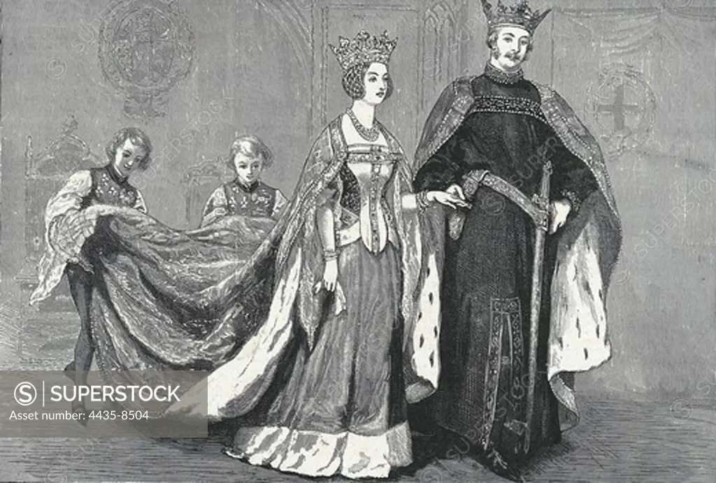 England. The queen Victoria and prince Albert disguised as the queen Philippa and as Edward III in the Plantagenet dance. Buckingham Palace. On May 12th 1942. Engraving.