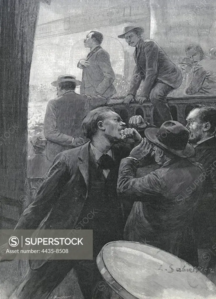 France. Socialistic congress. Insults exchange. Illustration by L. Sabattier. On October 6th, 1906. Engraving.