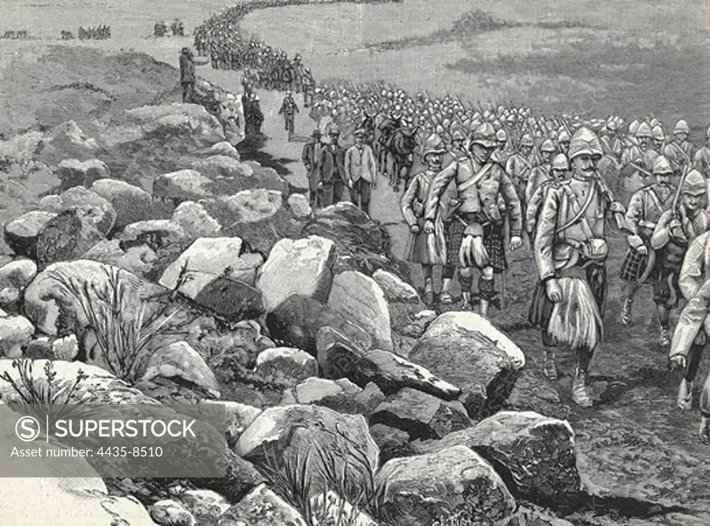 England. Second Boer War. The Gordon Highlanders march towards Elandslaagate. On November 18th, 1899. Engraving.