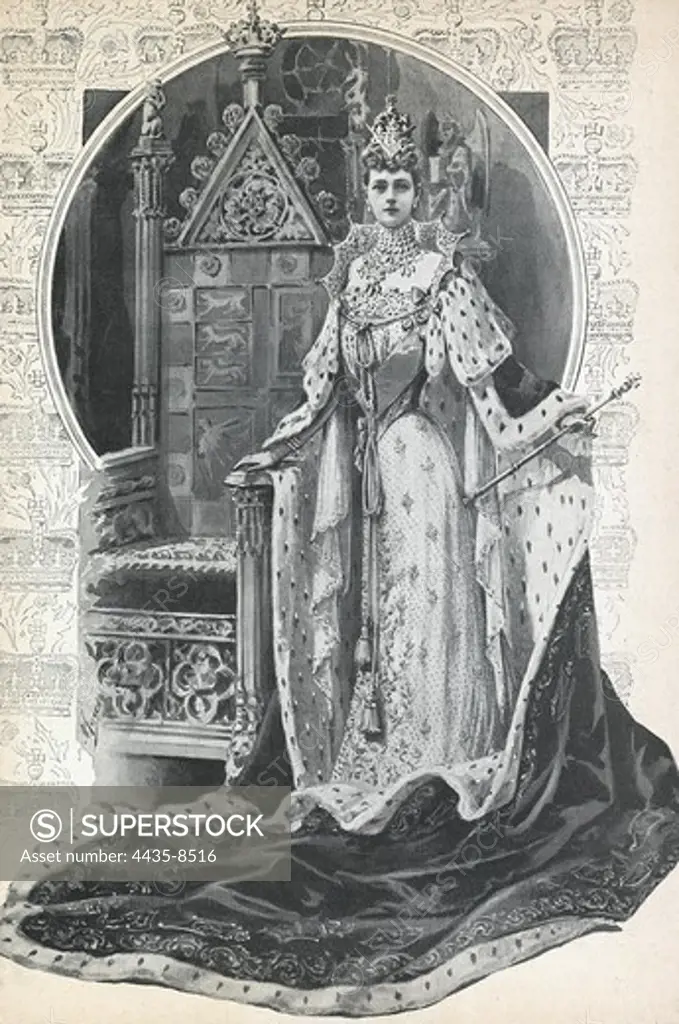 England. Alexandra of Denmark queen consort to Edward VII of the United Kingdom on the day of her coronation. 1902.æ. Engraving.