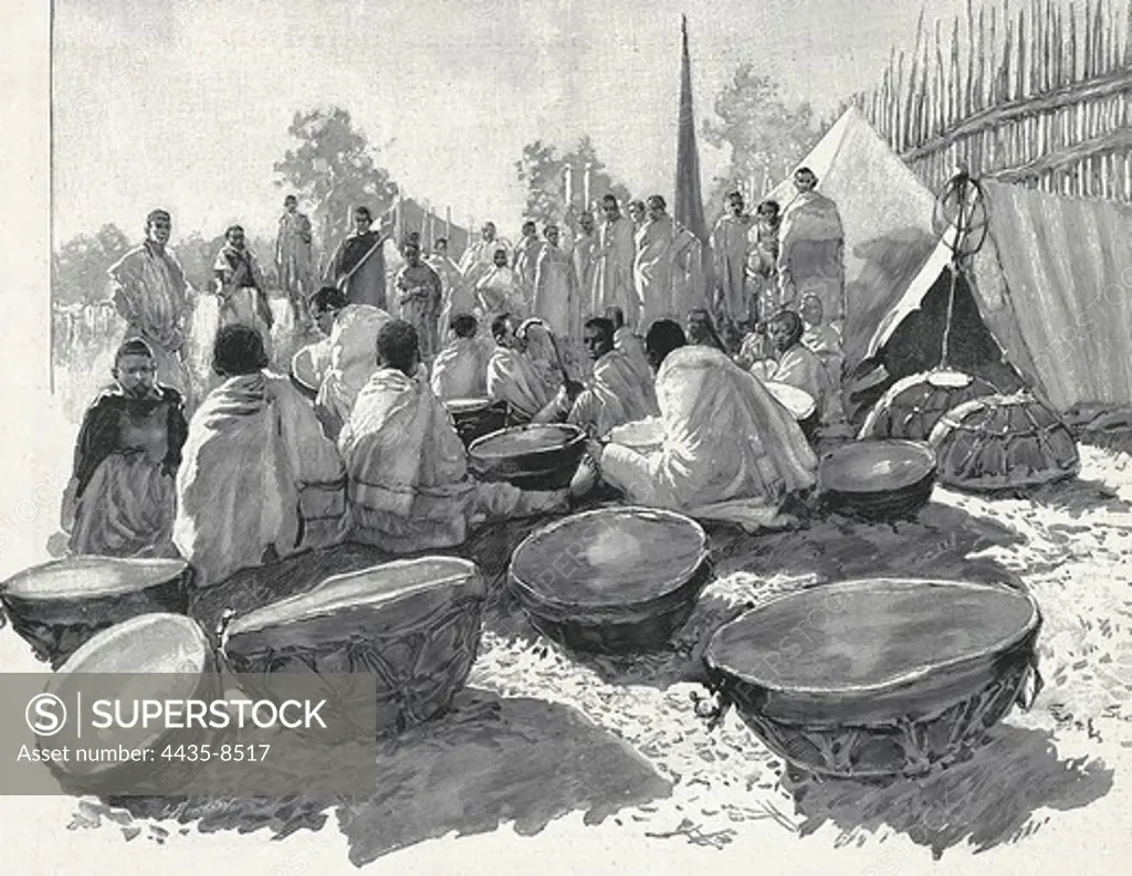 Ethiopia. The drums of Emperor Menelik II in Abyssinia. 'L'Illustration.' August 17th, 1901.æ. Engraving.