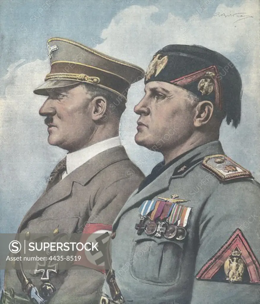 Adolf Hitler and Benito Mussolini. Illustration by Antonio Beltrame. 'The Domenica del corriere'. 8th May 1938. Engraving.