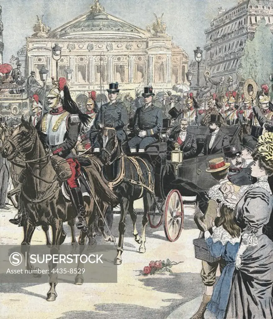 Cambodia. Visit to France of the king of Cambodia and his courtship. Arrival to the Place de l'Op_ra. 'Le Petit Journal'. July 1st, 1906. Engraving.