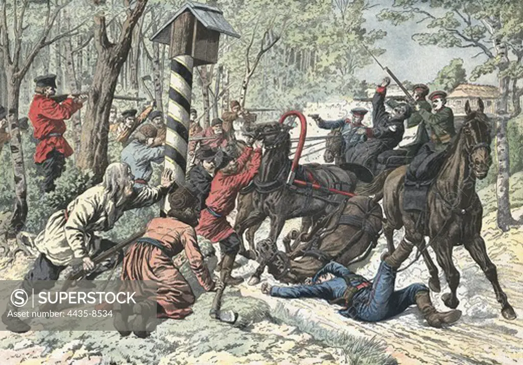 Poland. A group of terrorists attack a stagecoach mail. 'Le Petit Journal'. July 1st, 1906.æ. Engraving.