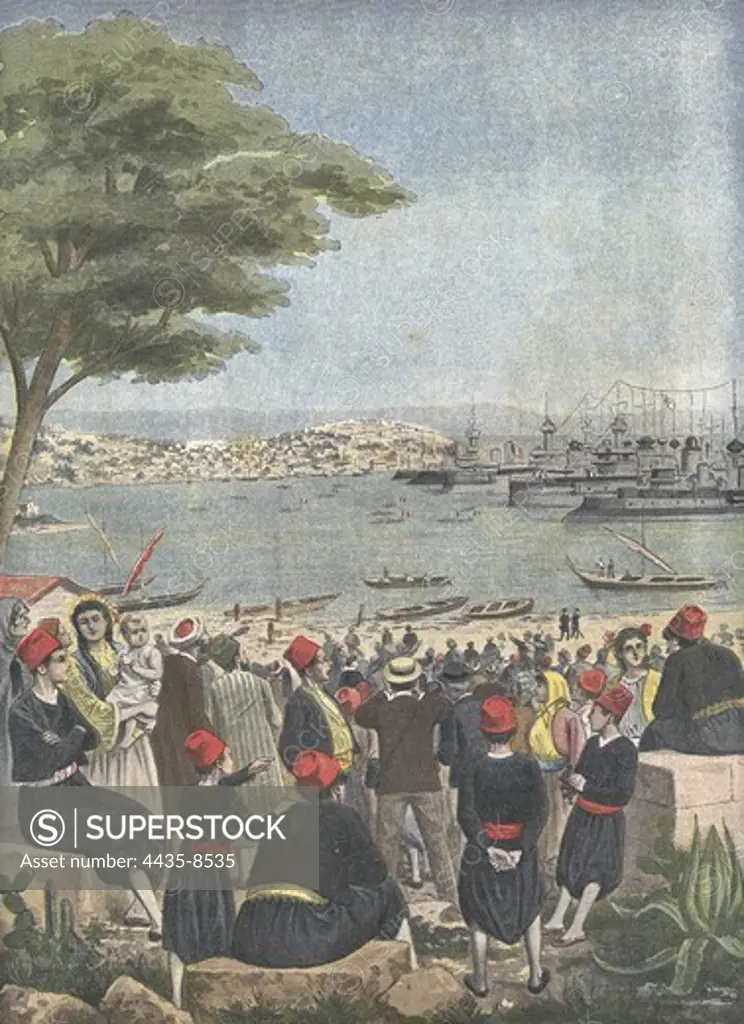 Turkey. The French fleet comes to Mytilne during the Franco-Turkish conflict. 'Le Petit Journal'. On November 24th, 1901. Engraving.