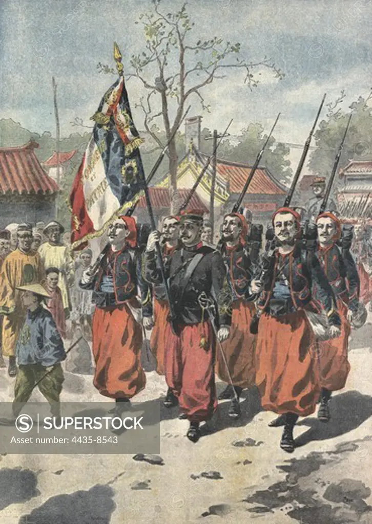 China. The repatriated French Zouaves leave Tien-Tsin. 'Le Petit Journal'. July 14th, 1901. Engraving.