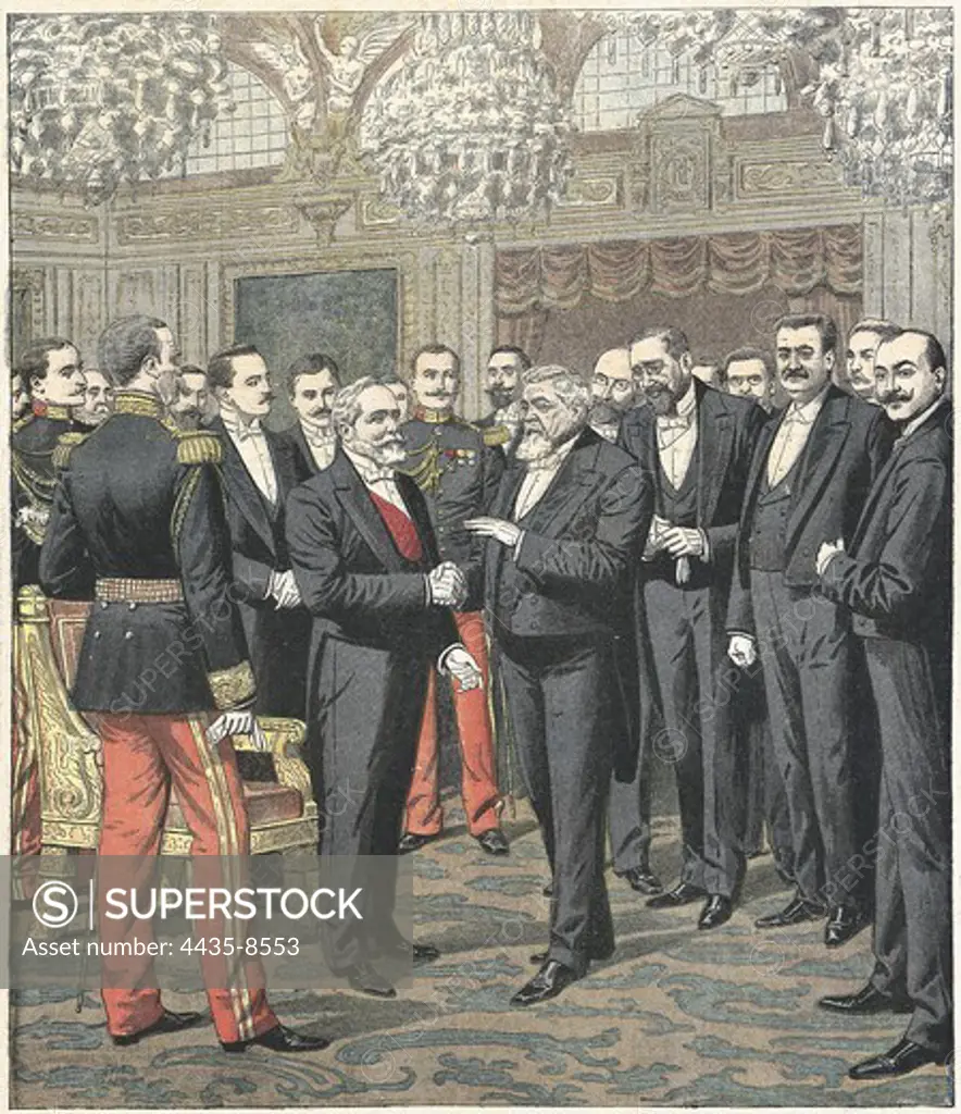 France. Ceremony for the transfer of power to the new president Armand Fallires at Älys_e Palace in Paris. 'Le Petit Journal'. February 25, 1906.æ. Engraving.