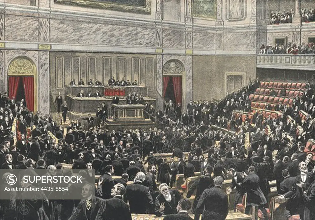 France. Voting to elect the new president Armand Fallires. Congress Hall of Versailles during the election. 'Le Petit Journal'. January 28th, 1906.æ. Engraving.