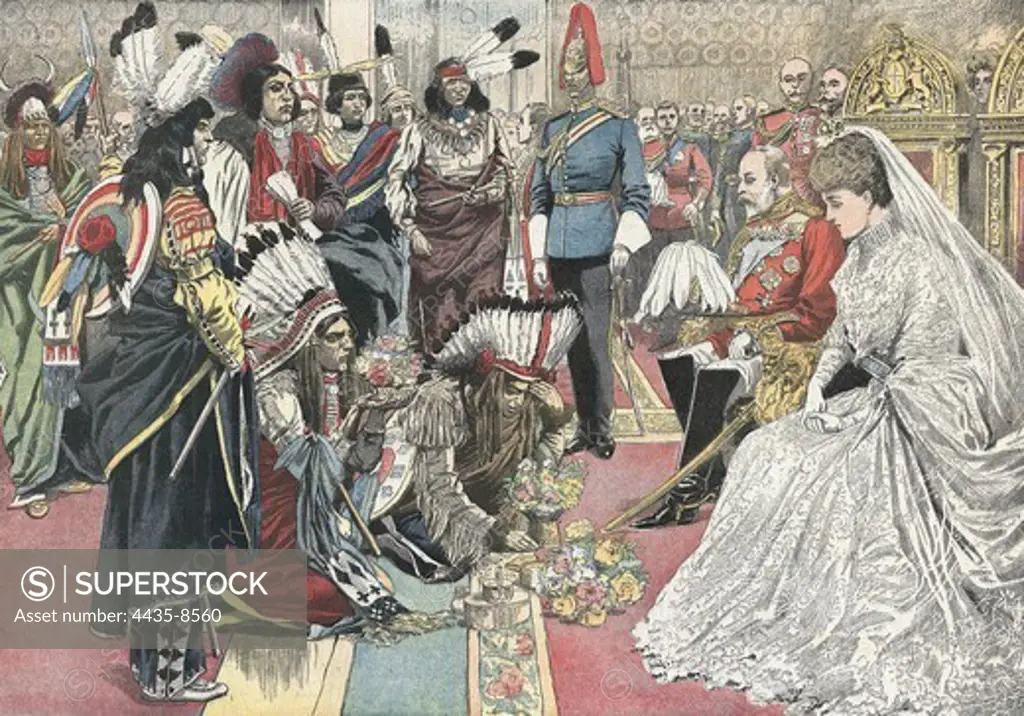 England. Edward VII receives three chiefs redskin in Buckingham Palace. 'Le Petit Journal'. On September 2, 1906. Engraving.