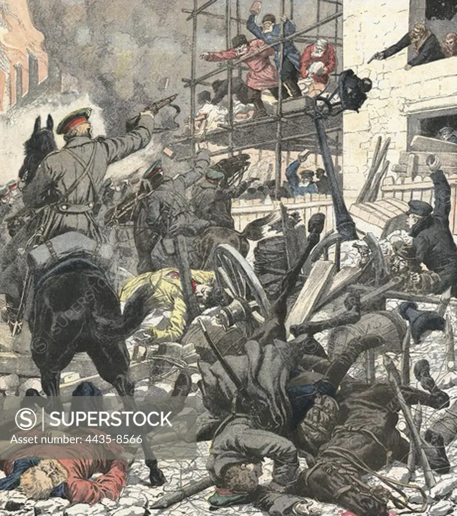 Russia. In Moscow, the Dragoons (cavalry) charge against the revolutionaries in the neighborhood of Presnenska¥a. 'le petit journal'. January 14, 1906.æ. Engraving.