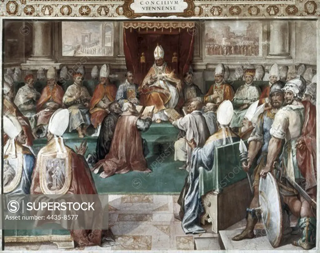 Council of Vienne (1311), convened by the Pope Clement V under pressure of the king Philip IV of France to suppress the Order of the Temple. Painting by Cesare Nebbia (1536-1614). Mannerism art. Fresco. VATICAN CITY. Bibliotheca Apostolica Vaticana (Vatican Library).