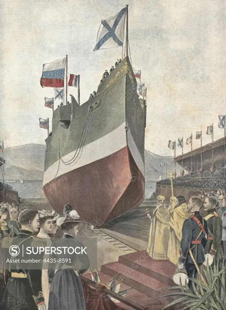 Launching of the Russian armored warship 'Cesarevitch' in the Toulon shipyards. Illustration from 'Le Petit Journal' (March 17th, 1901).
