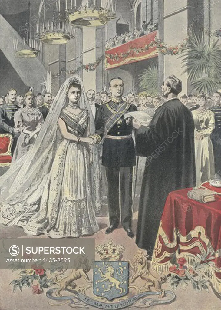 Wedding of the queen Wilhelmina of the Netherlands with Duke Hendrik of Mecklenburg-Scherwin(The Hague, February 7, 1901). Illustration from 'Le Petit Journal' (February 24, 1901). Engraving.