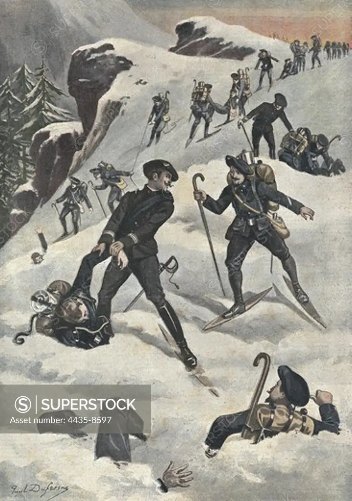 France (1901). Alpine soldiers saved by his fellows. Illustration of Paul Dufresne published in 'Le Petit Journal' (February 10, 1901). Engraving.