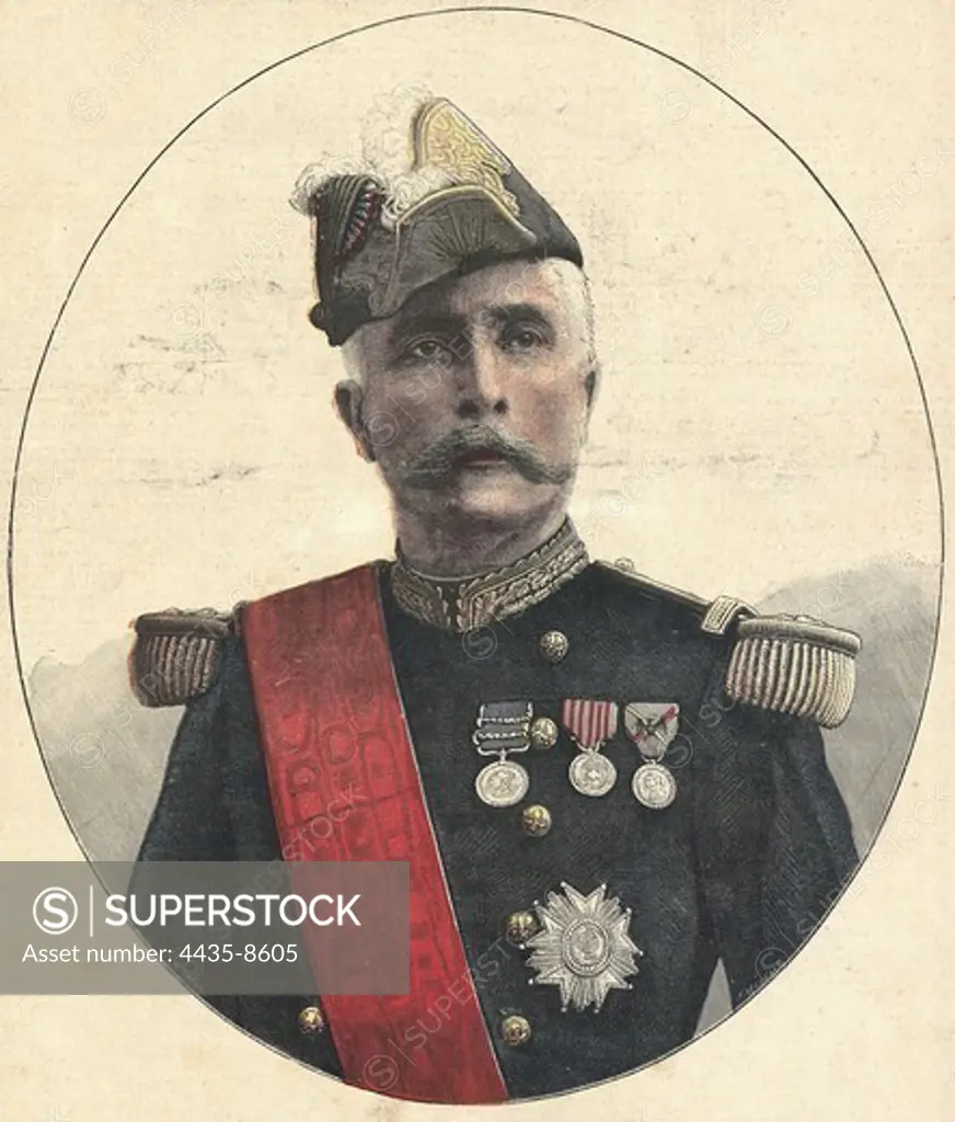 France. General Gaston Alexandre Auguste, Marquis de Galliffet, commander of the navy. Illustration from 'Le Petit Journal' (1892). Engraving.