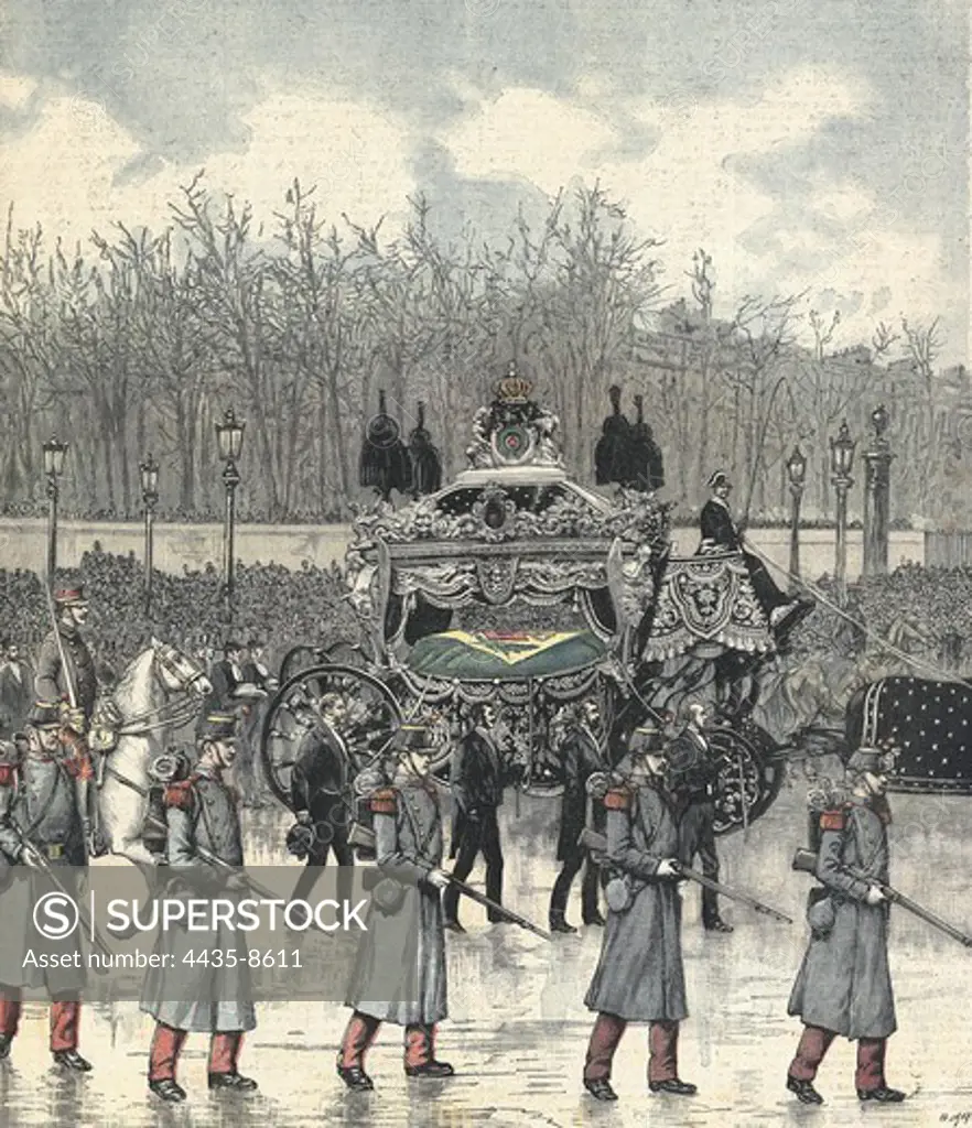 Funerals in Paris for the overthrown emperor of Brazil Pedro II. Engraving by H. Meyer for 'Le Petit Journal' (1892). Engraving.