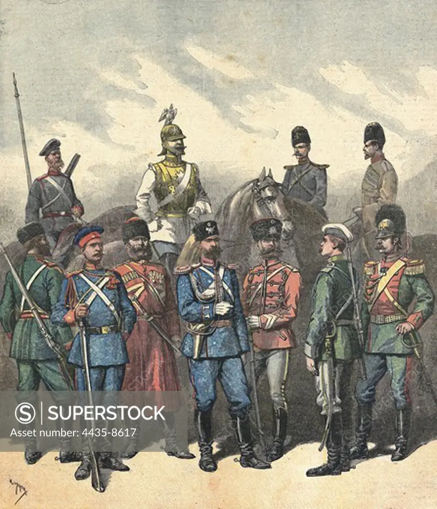 Russia. The Russian cavalry. Illustration by H. Meyer from 'Le Petit Journal' (1891). Engraving.