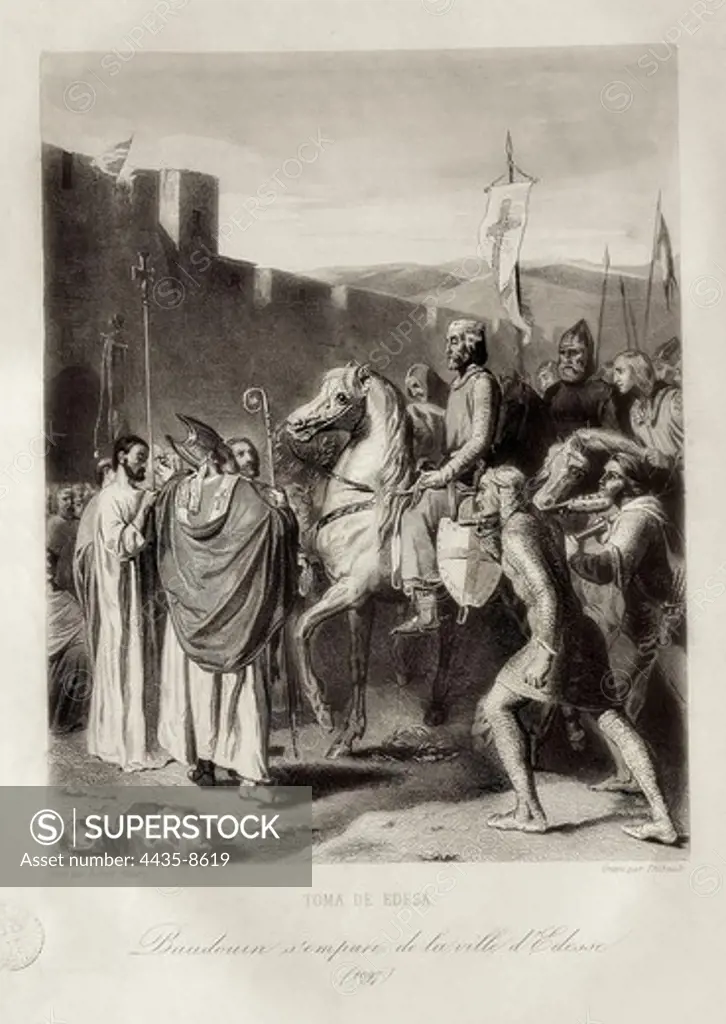 First Crusade. The conquest of Edessa (February 1098). Baldwin I, appealed by the Armenian prince Thoros, enters into Edessa where he's received by the Armenian clergyman. Copy of the painting by Joseph Robert-Fleury (1839). Engraving. SPAIN. CATALONIA. Barcelona. Biblioteca de Catalunya (National Library of Catalonia).