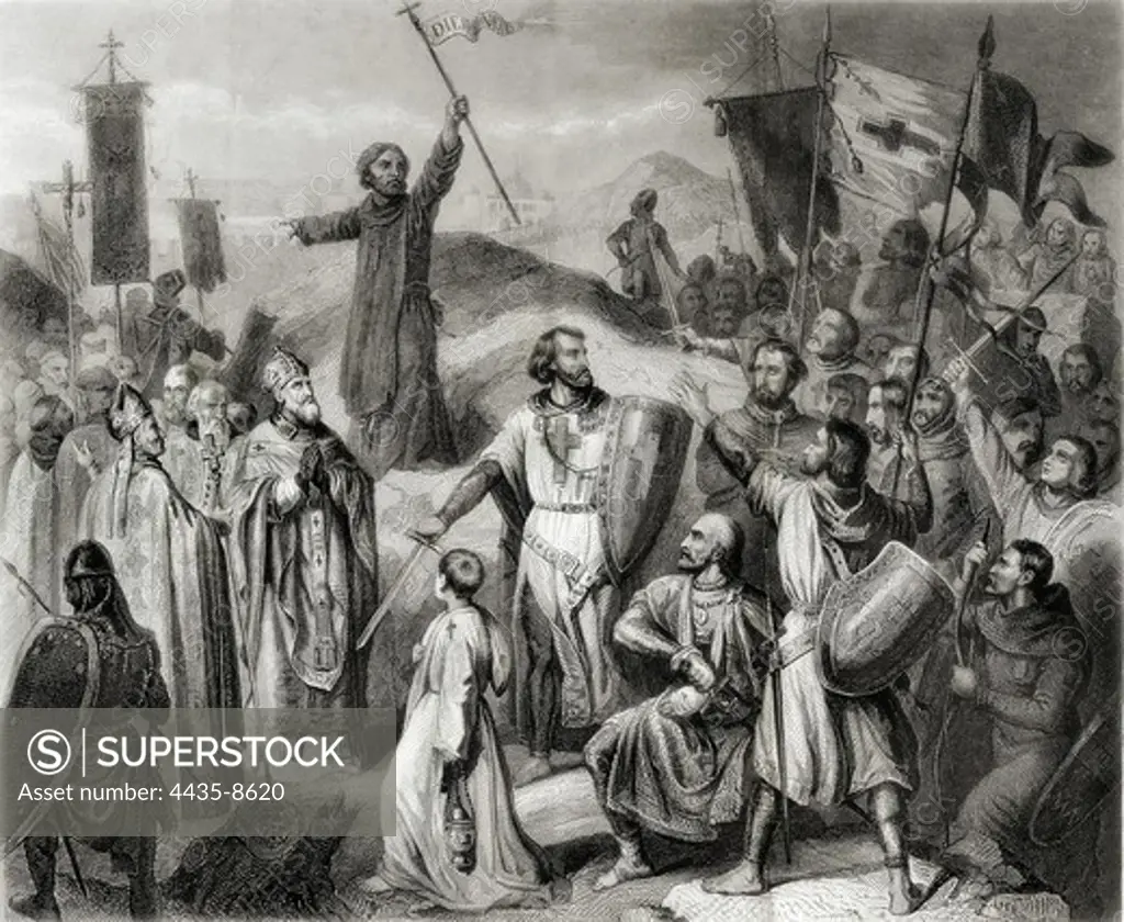 First Crusade. Taking of Jerusalem, 14th July 1099. Gottfried of Bouillon under control. Copy of a paintinb by Victor Schnetz (1841). Engraving. SPAIN. CATALONIA. Barcelona. Biblioteca de Catalunya (National Library of Catalonia).