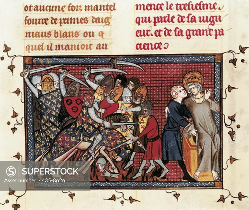 Seventh Crusade (1248-1254). Battle of Mansura (1250). Louis IX and Ysembart le Queu. Fol. 199 of the 'Life and Miracles of Saint Louis' by Guillaume de Saint-Pathus (c. 1330), illustrated by Mahiet. Gothic art. Miniature Painting. FRANCE. LE-DE-FRANCE. Paris. National Library.