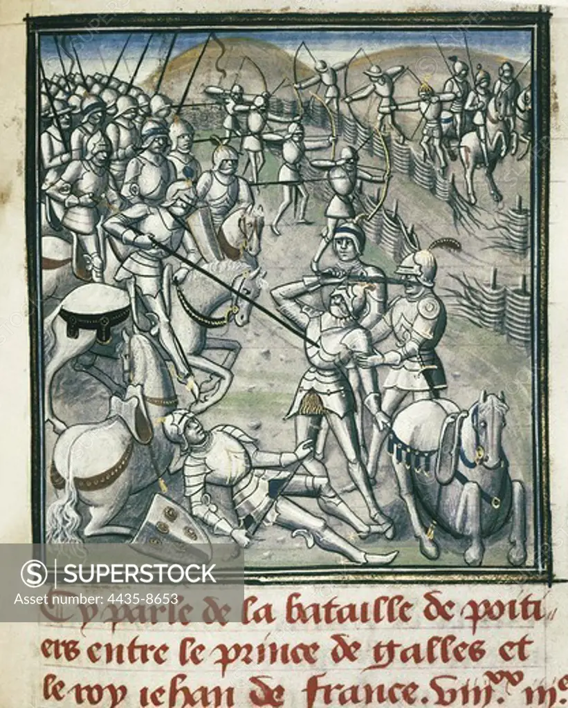 Hundred Years' War. Battle of Poitiers (1356). Illustration of the 'Chronicles' (Chroniques) by Jean Froissart. Gothic art. Miniature Painting. FRANCE. LE-DE-FRANCE. Paris. Bibliothque de l'Arsenal (Library of the Arsenal).