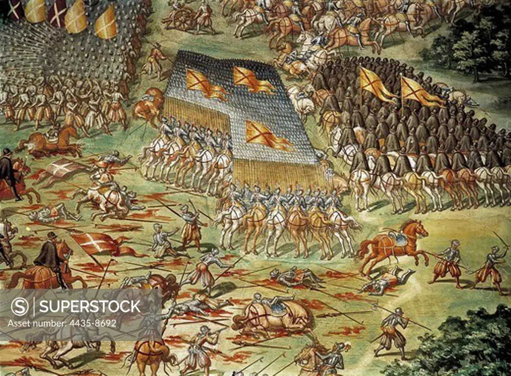CASTELLO, Fabrizio (1562-1617). Battle of St. Quentin. 1590-1591. The spanish troops defeated the french of Henry II in 1557. Detail. Cavalry attack. In commemoration of this victory, Philip II ordered the construction of the monastery of San Lorenzo de El Escorial. Painting in the Hall of Battles (Sala de las Batallas). Renaissance art. Cinquecento. Fresco. SPAIN. MADRID (AUTONOMOUS COMMUNITY). San Lorenzo de El Escorial. Royal Monastery of San Lorenzo de El Escorial.