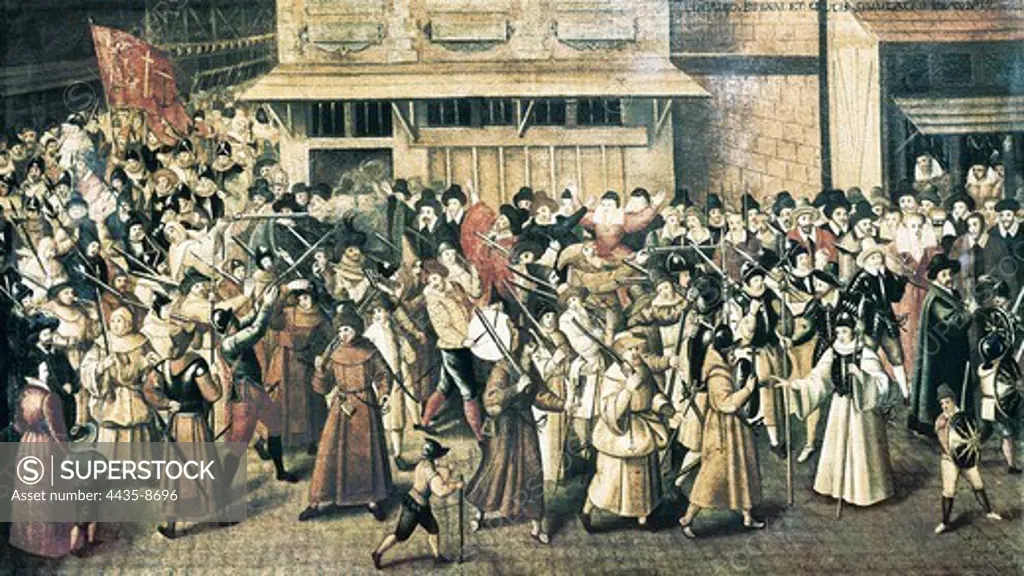 France. Wars of Religion. Procession of the Holy League in Paris (February 4, 1593), catholic militia created to fight Huguenots. Painting. FRANCE. ‘LE-DE-FRANCE. YVELINES. Versailles. Palace of Versailles.