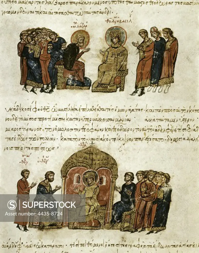 SKYLITZER, John (9th century). Madrid Skylitzes 'Synopsis historiarum'. Synopsis of Histories about the reigns of the Byzantine emperors. 12th c. Pursuit for iconoclasm of the monks Lazarus and Theophanes and Theodorus by order of the Emperor Theophilos during the second Iconoclastic controversy. Manuscript produced in Sicily. Byzantine art. Miniature Painting. SPAIN. MADRID (AUTONOMOUS COMMUNITY). Madrid. National Library.