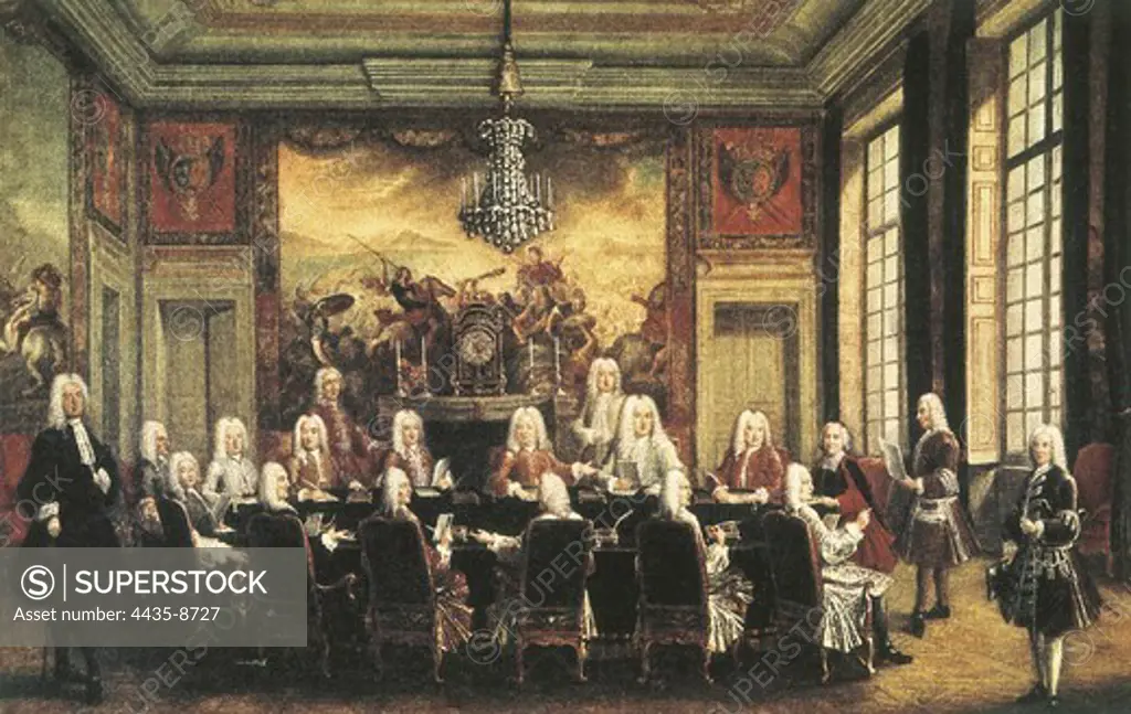 Session on 16th September 1715 of the regency council when Louis XV was a child. The prince Philippe d'Orl_ans was elected president of the Council. Anonymous paiting circa 1720. Oil on canvas. FRANCE. LE-DE-FRANCE. YVELINES. Versailles. Historical Museum of Versailles.