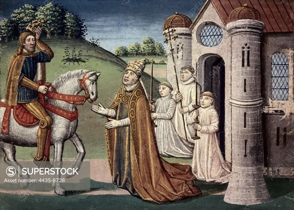 Fouquet, Jean (1420-1481). Grandes Chroniques de France (Great Chronicles of France). 1455-1460. Pope Adrian I meets Charlemagne. Illustration from Antoine Verard's version, 15th century. Gothic art. Miniature Painting. ITALY. PIEDMONT. Turin. National Library of the Turin University.
