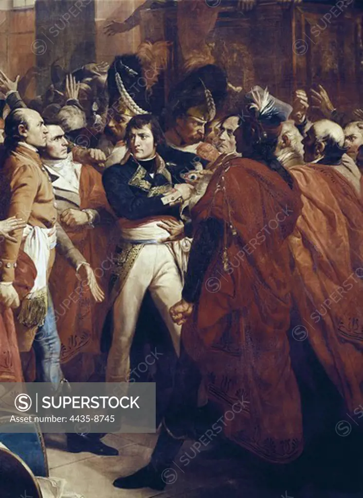 BOUCHOT, Franois (1800-1848). Bonaparte and the Council of Five Hundred at St. Cloud, 10th November 1799. 1840. Depiction of the coup d'Ätat. Painting. FRANCE. ‘LE-DE-FRANCE. YVELINES. Versailles. National Museum of Versailles.