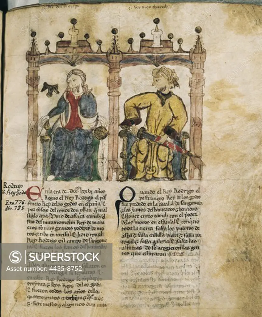 Portrait of the Visigothic king Roderic from the book 'Semblanza de Reyes' (Ressemblance of Kings'), autobiographical illustrated summary made for Alfonso XI of Castile. Romanesque art. Miniature Painting. SPAIN. MADRID (AUTONOMOUS COMMUNITY). Madrid. National Library.