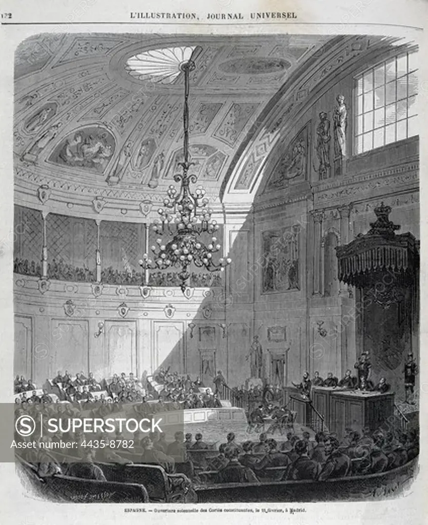 Spain (1869). Opening of the Constitutional Assembly (11st February of 1869) after the fall of Isabel II. Etching.