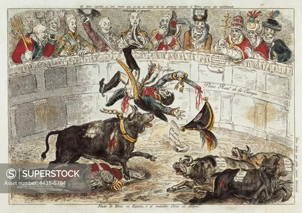 Spain. Peninsular War (1808-1814). 'Fiesta de toros en EspaÐa o el Matador Corso en peligro'. Caricature on the international situation of the Napoleonic Empire. Engraving. SPAIN. MADRID (AUTONOMOUS COMMUNITY). Madrid. Museo de Historia.