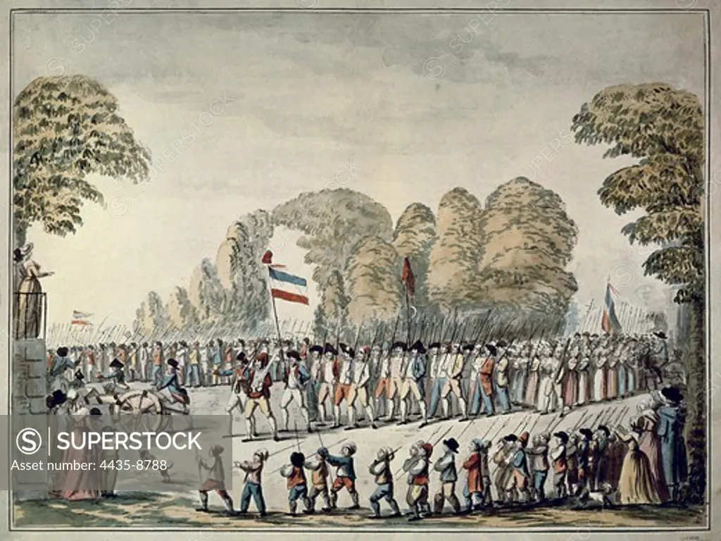 Revolutionary procession. Etienne Bericourt, ca 1789. Watercolour. FRANCE. LE-DE-FRANCE. Paris. Mus_e Carnavalet (Carnavalet Museum).