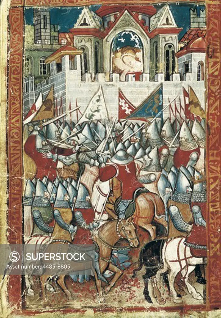 Siege of Pamplona by the army of Charlemagne in 778. Illustration of the epic poem 'L'entr_e d'Espagne', 14th C., that narrates Charlemagne's expedition to Spain. Gothic art. Miniature Painting. ITALY. VENETO. Venice. Biblioteca nazionale marciana (St. Mark's Library).