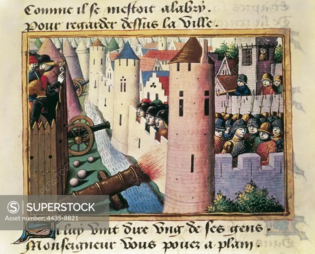 France. Hundred Years' War. Death of Count of Salisbury in the siege of Orleans, 24th October 1428. Fol. 54v of the 'Vigiles de Charles VII' by Martial d'Auvergne (c. 1484). Gothic art. Miniature Painting. FRANCE. LE-DE-FRANCE. Paris. National Library.